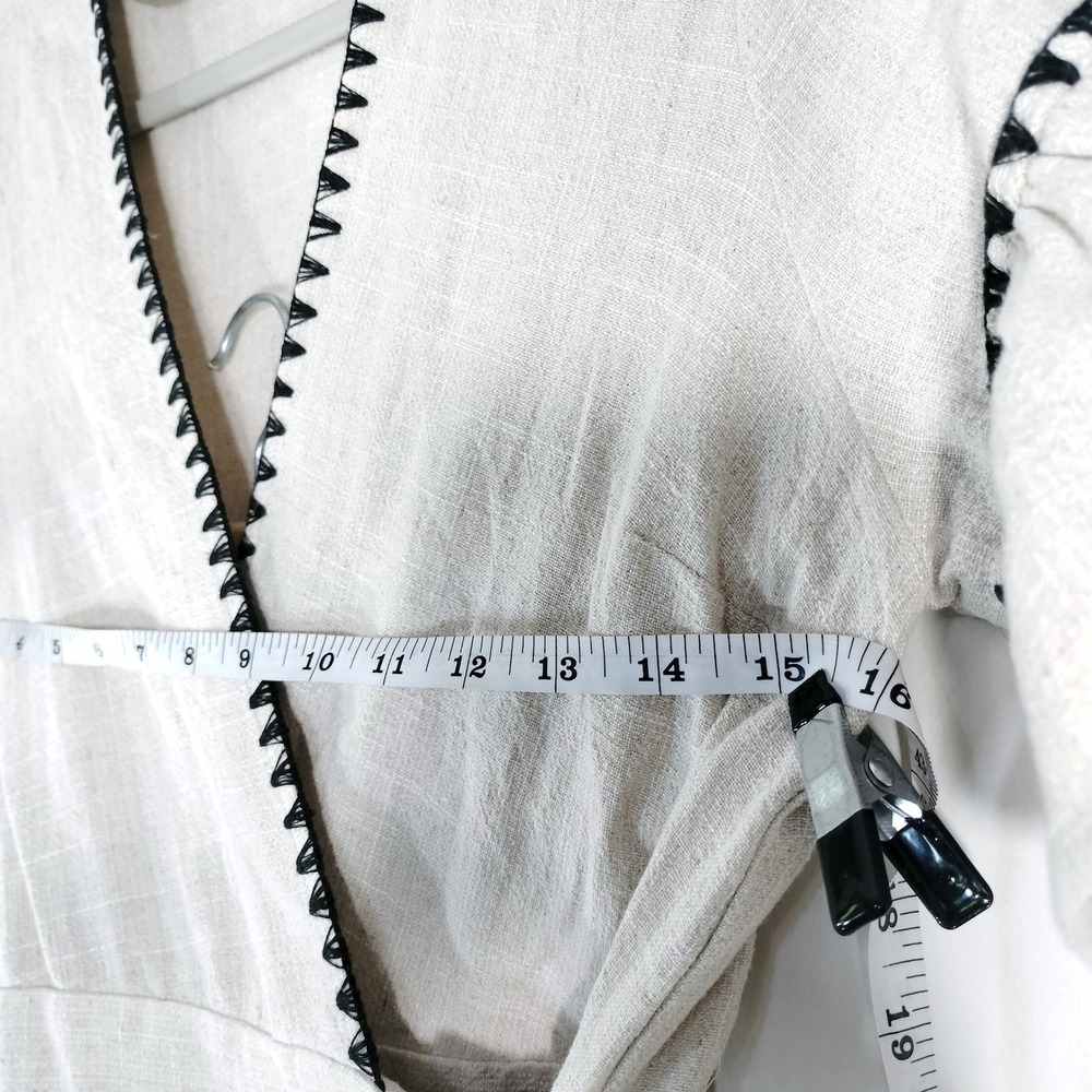Moon River Beige Wrap Dress; Linen Blend, Embroidered, Ruffle Sleeve - Picture 6 of 9